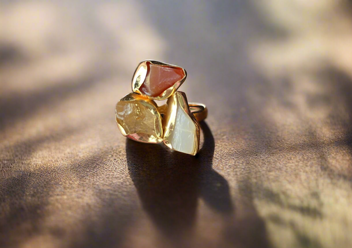 Adjustable Brass Ring with Natural Stones - Gold Plated Geometric Ring - Handcrafted Statement Jewellery UK - Contemporary Brass Ring - Multi stone brass ring - Handmade Brass Statement Ring- Perfect statement piece. Free UK delivery