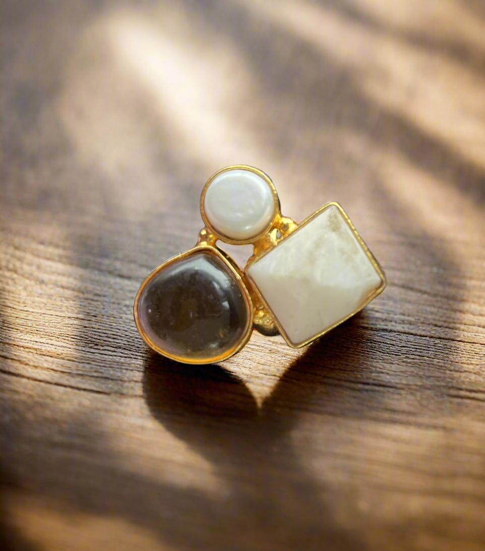 Adjustable Brass Ring with Natural Stones - Gold Plated Geometric Ring - Handcrafted Statement Jewellery UK - Contemporary Brass Ring - Multi stone brass ring - Handmade Brass Statement Ring- Perfect statement piece. Free UK delivery