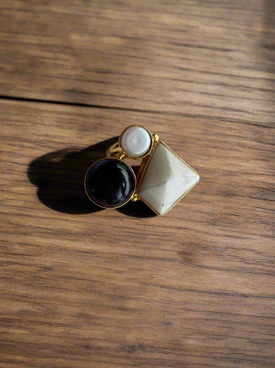 Adjustable Brass Ring with Natural Stones - Gold Plated Geometric Ring - Handcrafted Statement Jewellery UK - Contemporary Brass Ring - Multi stone brass ring - Handmade Brass Statement Ring- Perfect statement piece. Free UK delivery
