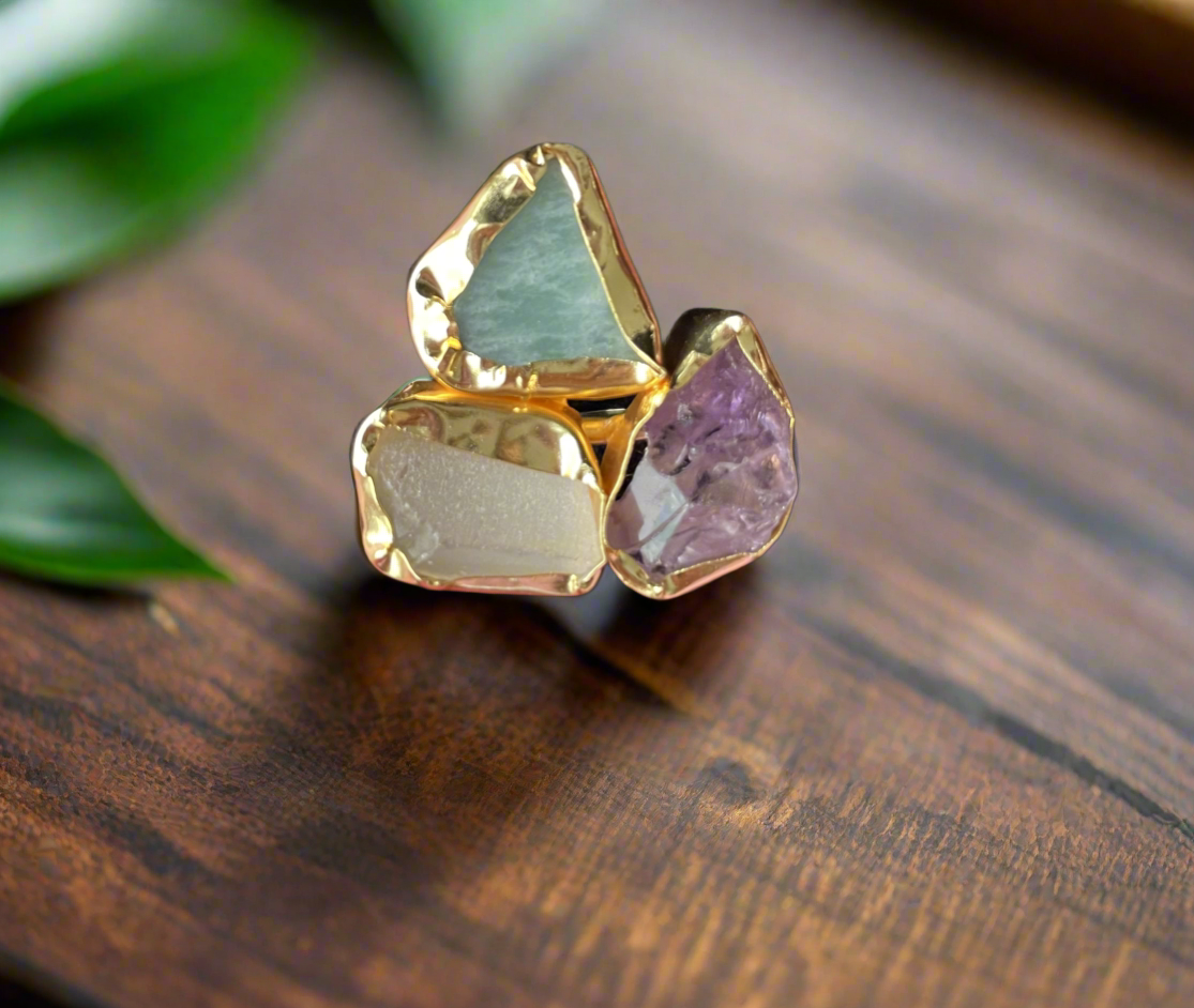 Adjustable Brass Ring with Natural Stones - Gold Plated Geometric Ring - Handcrafted Statement Jewellery UK - Contemporary Brass Ring - Multi stone brass ring - Handmade Brass Statement Ring- Perfect statement piece. Free UK delivery