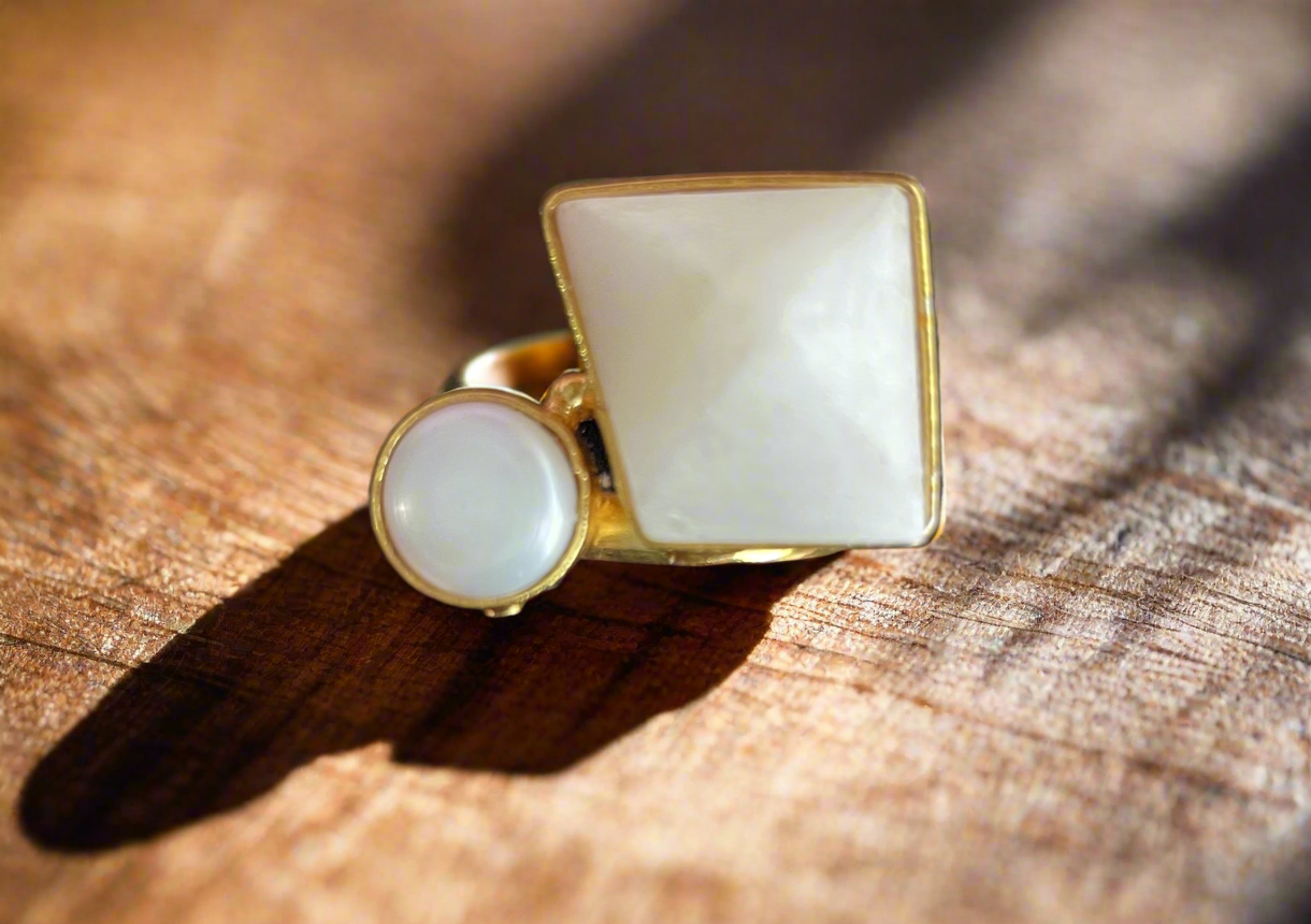 Adjustable Brass Ring with Natural Stones - Gold Plated Geometric Ring - Handcrafted Statement Jewellery UK - Contemporary Brass Ring - Multi stone brass ring - Handmade Brass Statement Ring- Perfect statement piece. Free UK delivery