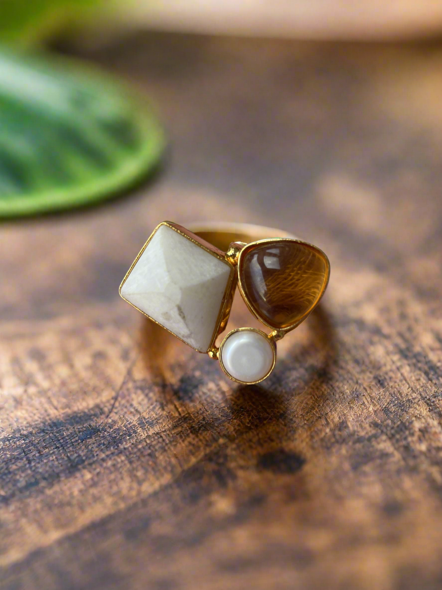 Adjustable Brass Ring with Natural Stones - Gold Plated Geometric Ring - Handcrafted Statement Jewellery UK - Contemporary Brass Ring - Multi stone brass ring - Handmade Brass Statement Ring- Perfect statement piece. Free UK delivery