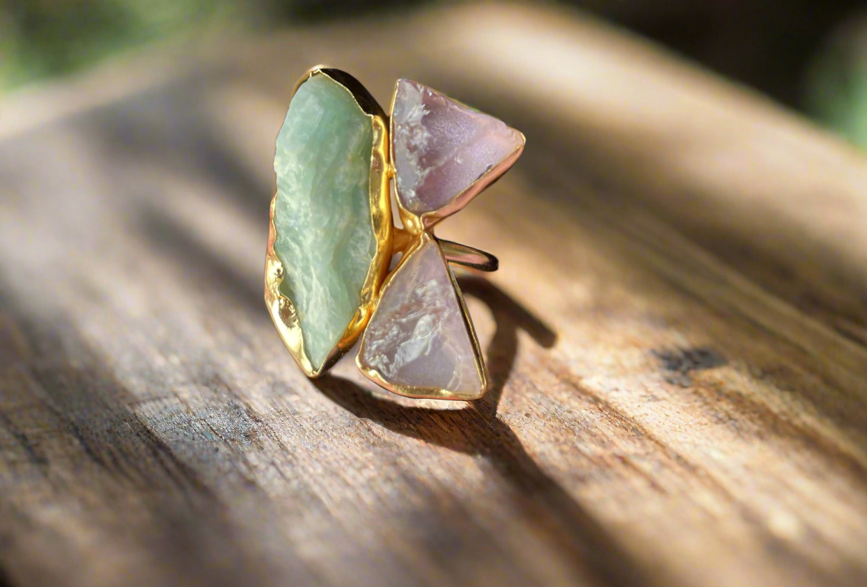 Adjustable Brass Ring with Natural Stones - Gold Plated Geometric Ring - Handcrafted Statement Jewellery UK - Contemporary Brass Ring - Multi stone brass ring - Handmade Brass Statement Ring- Perfect statement piece. Free UK delivery