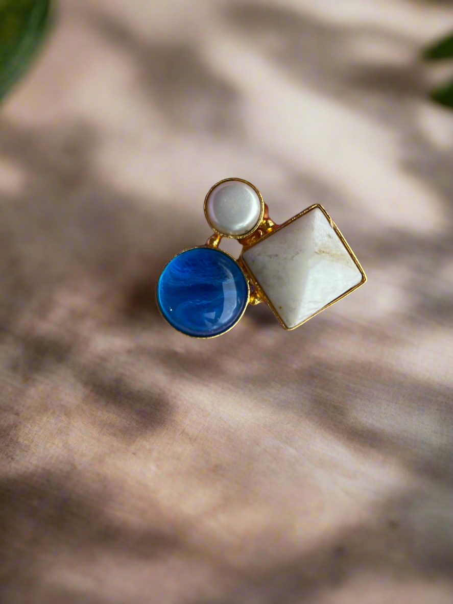 Adjustable Brass Ring with Natural Stones - Gold Plated Geometric Ring - Handcrafted Statement Jewellery UK - Contemporary Brass Ring - Multi stone brass ring - Handmade Brass Statement Ring- Perfect statement piece. Free UK delivery