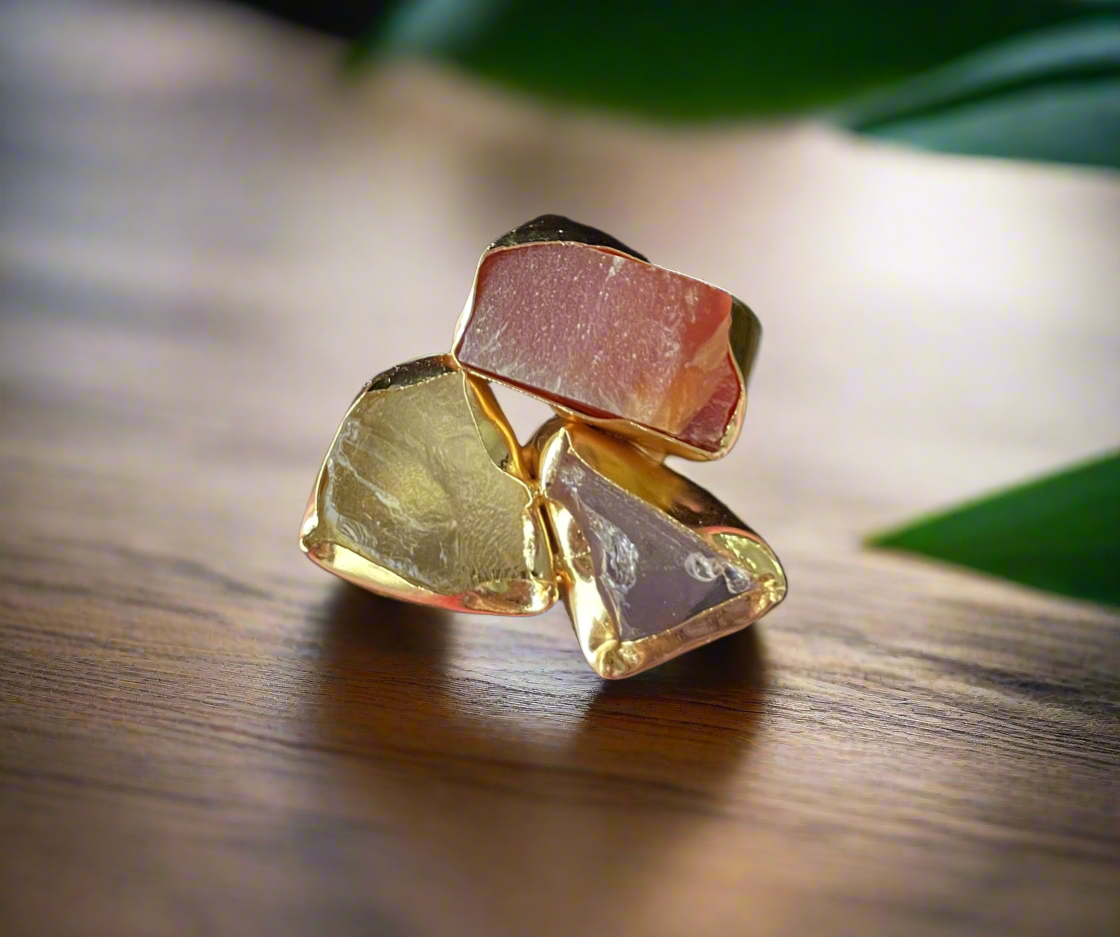 Adjustable Brass Ring with Natural Stones - Gold Plated Geometric Ring - Handcrafted Statement Jewellery UK - Contemporary Brass Ring - Multi stone brass ring - Handmade Brass Statement Ring- Perfect statement piece. Free UK delivery