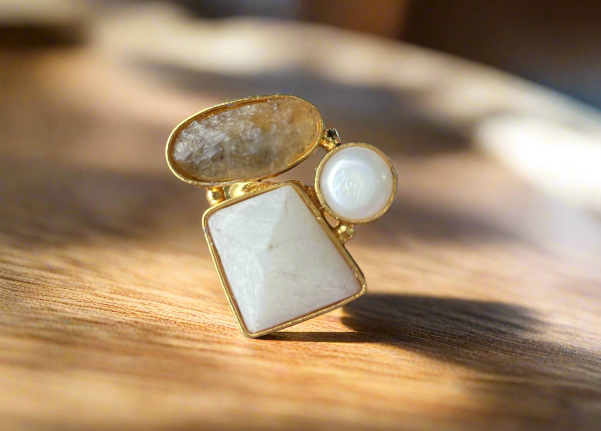 Adjustable Brass Ring with Natural Stones - Gold Plated Geometric Ring - Handcrafted Statement Jewellery UK - Contemporary Brass Ring - Multi stone brass ring - Handmade Brass Statement Ring- Perfect statement piece. Free UK delivery
